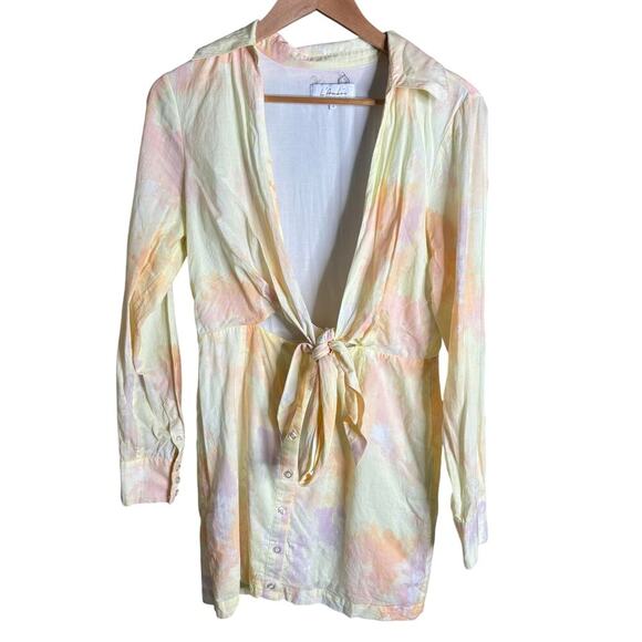 L'Academie The Flo Mini Dress Yellow Watercolor Size M - Picture 5 of 8